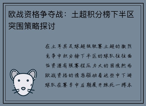 欧战资格争夺战：土超积分榜下半区突围策略探讨