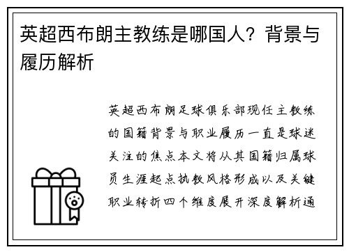 英超西布朗主教练是哪国人？背景与履历解析